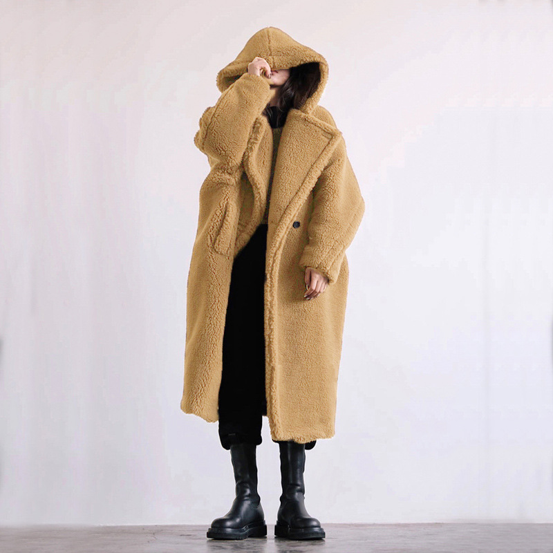 Women's Faux Fur Coat, Mid-Length, with Hood and Sheepskin Look