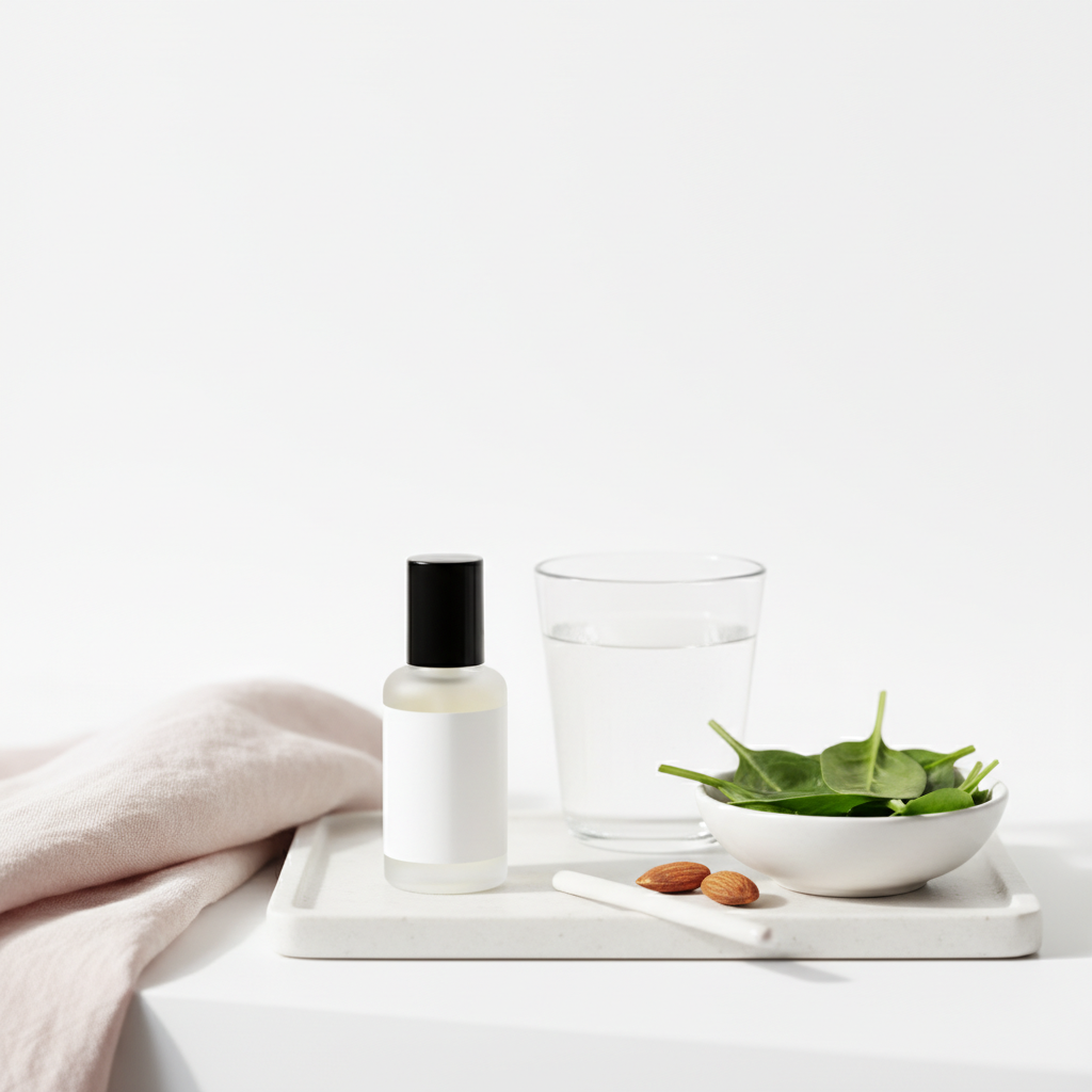 Minimalistisches Badregal mit unlabeled Nagelhautöl, Glas Wasser und Schale mit Spinat und Mandeln auf weißem Tablett – Thema: brüchige Nägel.