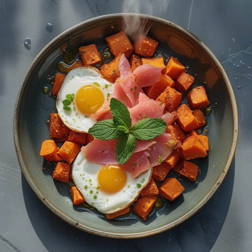 Final Smoky Harissa Trout & Sweet Potato Breakfast Skillet with Mint-Yogurt Drizzle