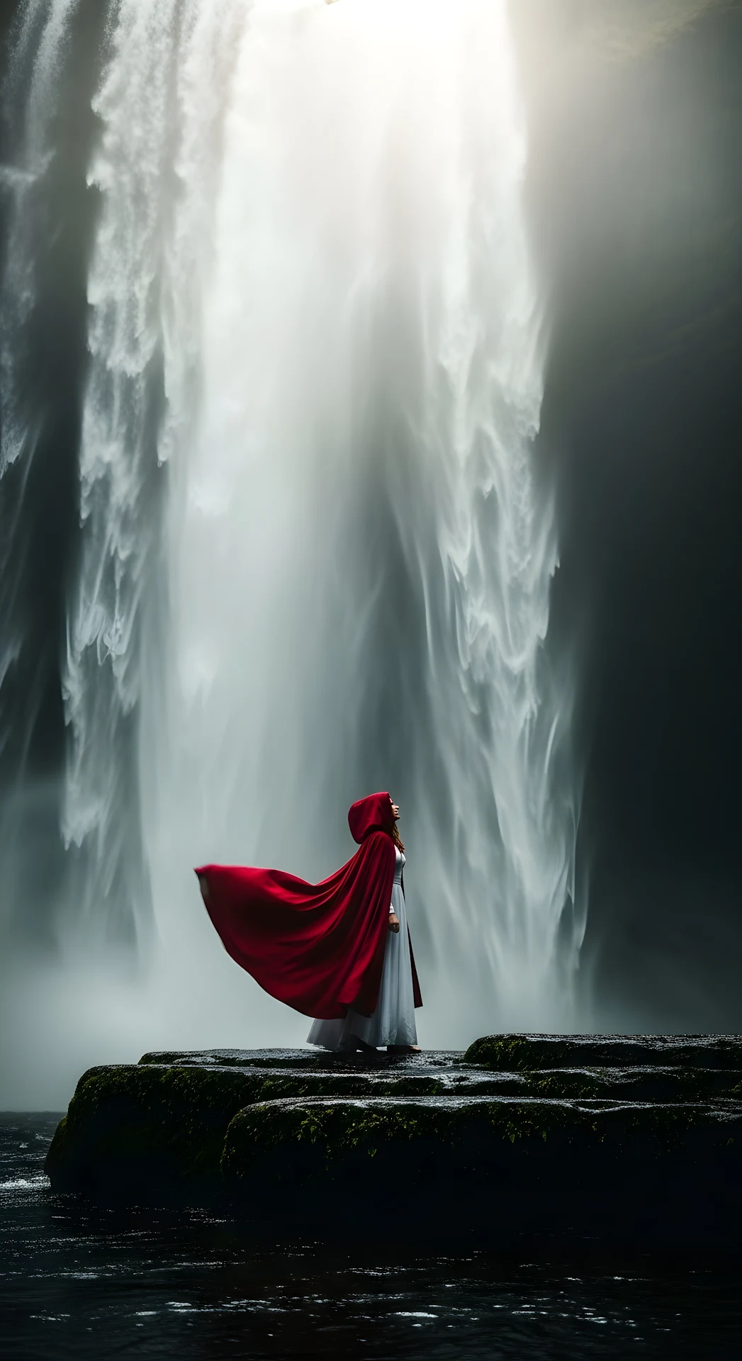 Dramatic Low-Key Cinematic Portrait of a Woman in a Billowing Red Cloak Below a Misty Waterfall - Free 4K mobile Wallpaper