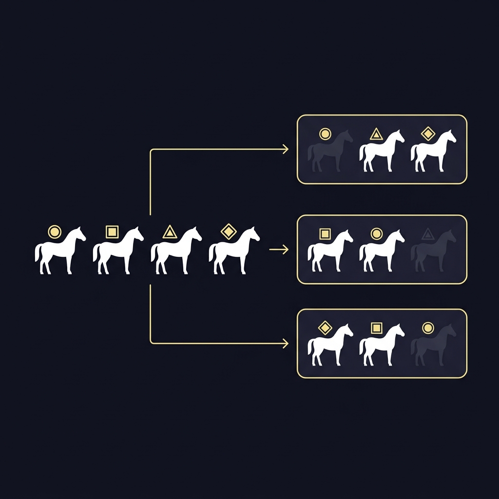 Minimalist vector showing four horse silhouettes with geometric markers and arrows illustrating permutations to explain 4 horse trifecta box cost