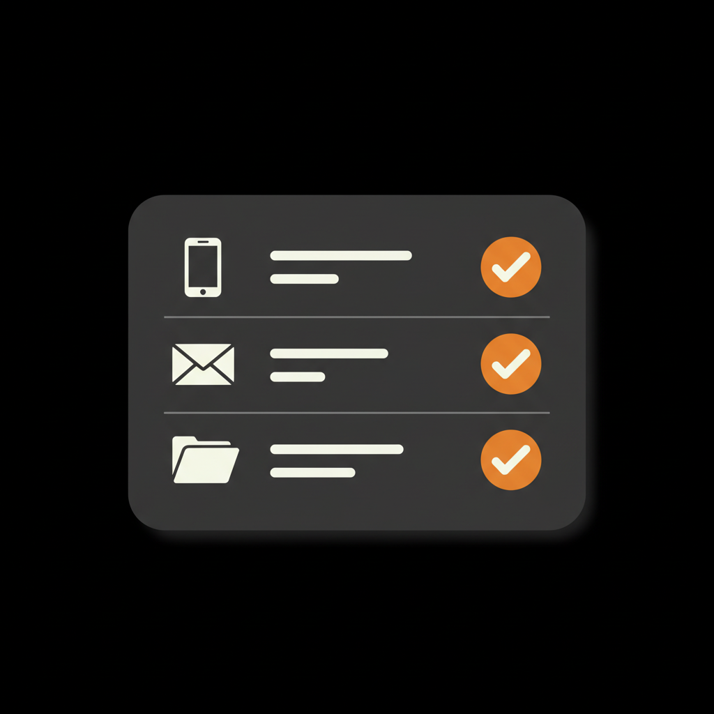Minimal 2D vector checklist on a dark card showing phone, email, and file icons for a negative Google review response, with grey separators and orange checkmarks.