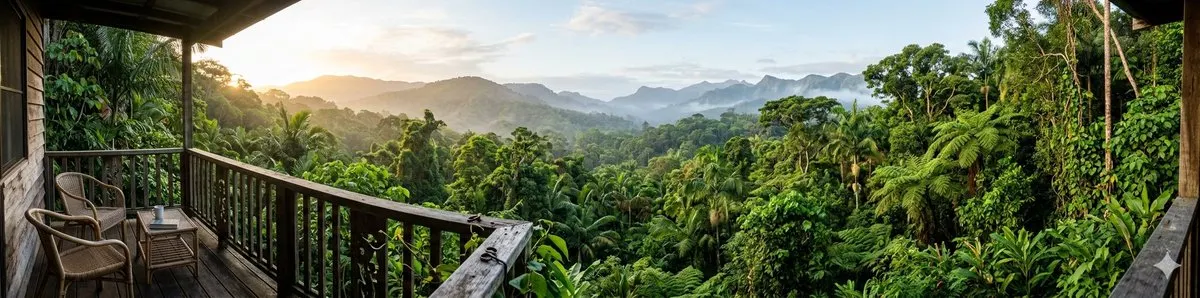 Panorama de la selva tropical y ciudad al atardecer
