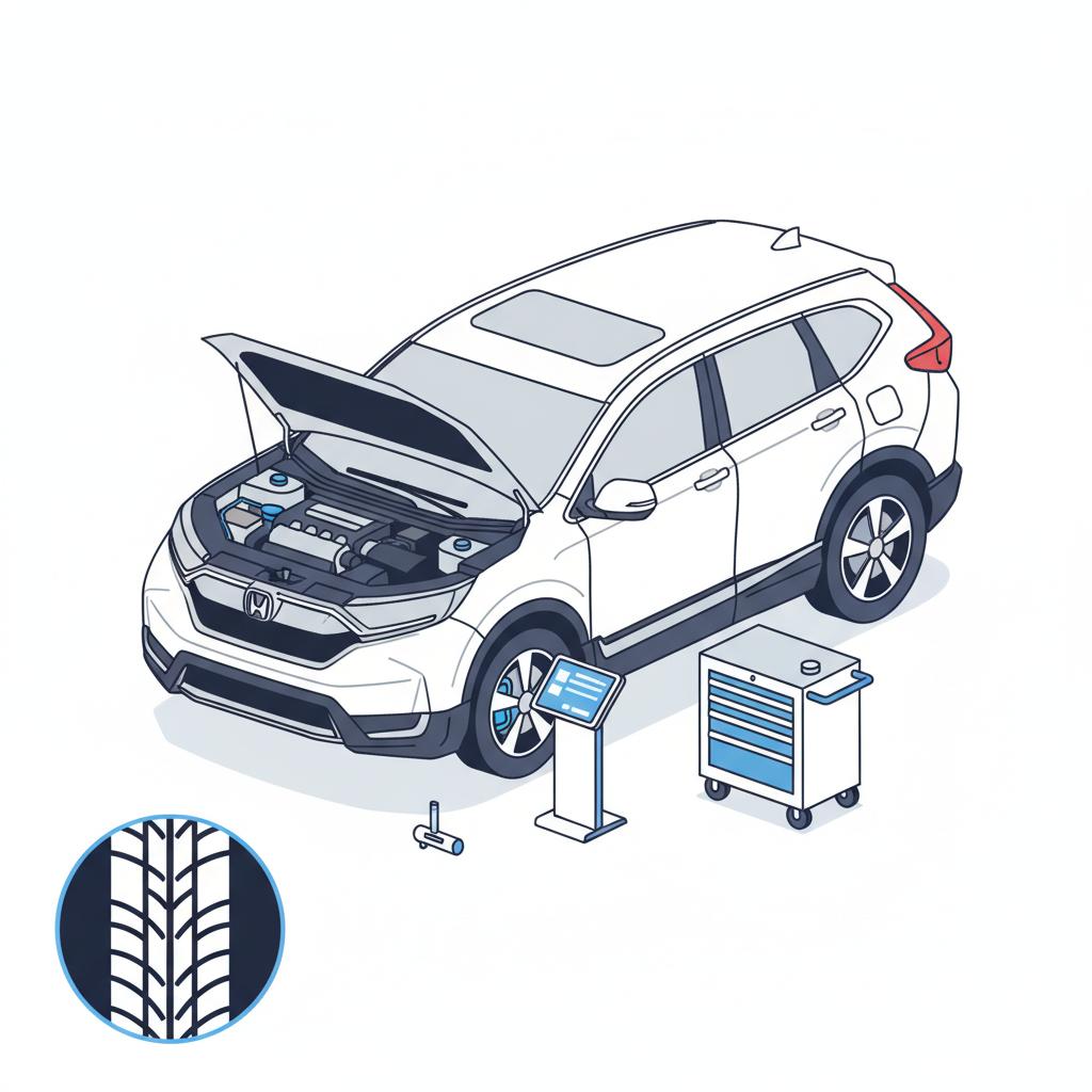 Minimalist 2D vector of a Honda CR-V in a white service bay with hood open tools and a tire gauge illustrating inspection for a honda crv used for sale