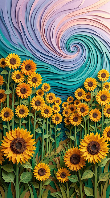 3D Paper Cut-Out Sunflower Field Illustration - Free mobile Wallpaper