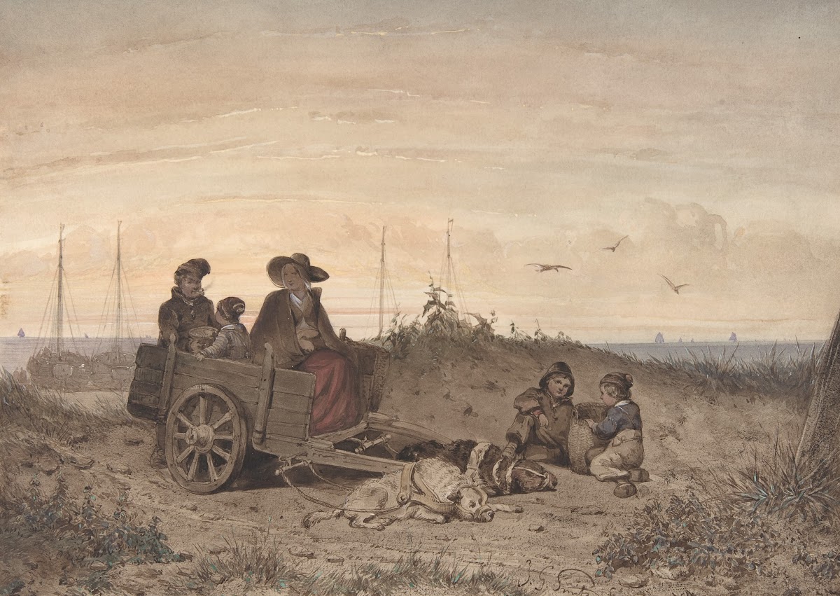 A Fishermans Family at the Beach the Mother and One of the Children Sitting in a