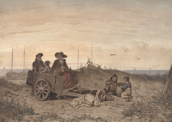 A Fishermans Family at the Beach the Mother and One of the Children Sitting in a