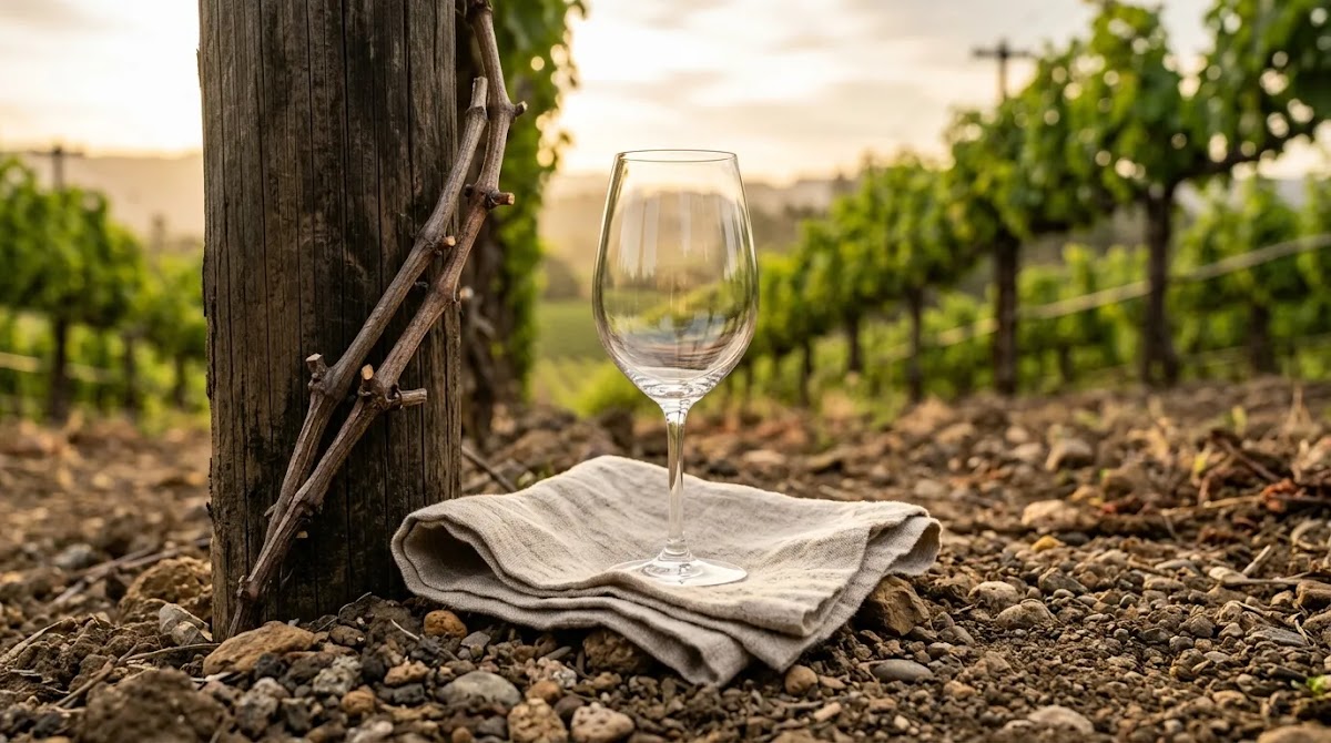 Napa Valley wine terroir details with vineyard soil, vines and tasting glass