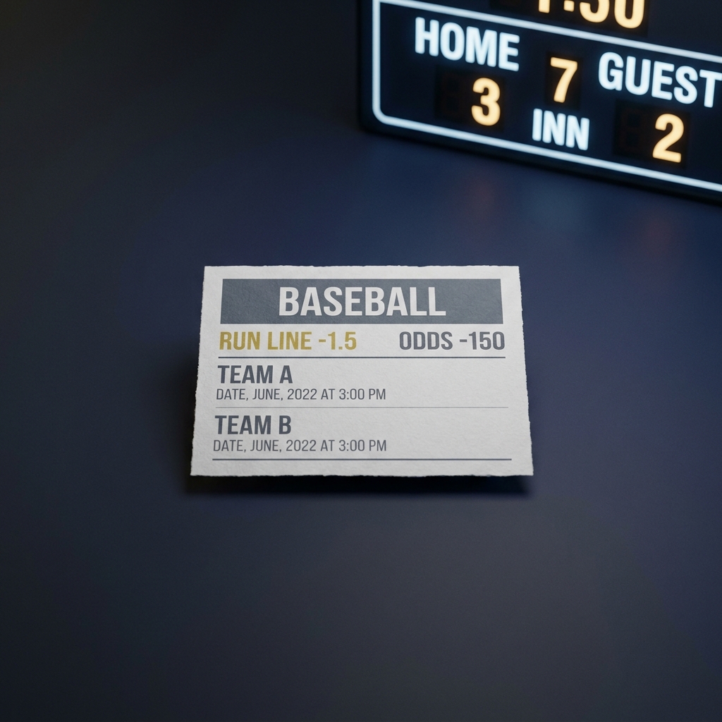 Close up of a printed betting ticket showing a -1.5 run line and American odds beside a stadium scoreboard illustrating How Run Lines Work in Baseball
