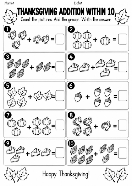 Thanksgiving Addition Within 10 Worksheet