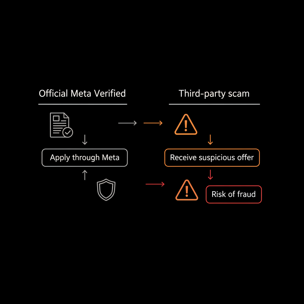 Minimalist flowchart comparing official Meta Verified vs third-party scam paths for buy Instagram blue tick; document, shield, and warning icons