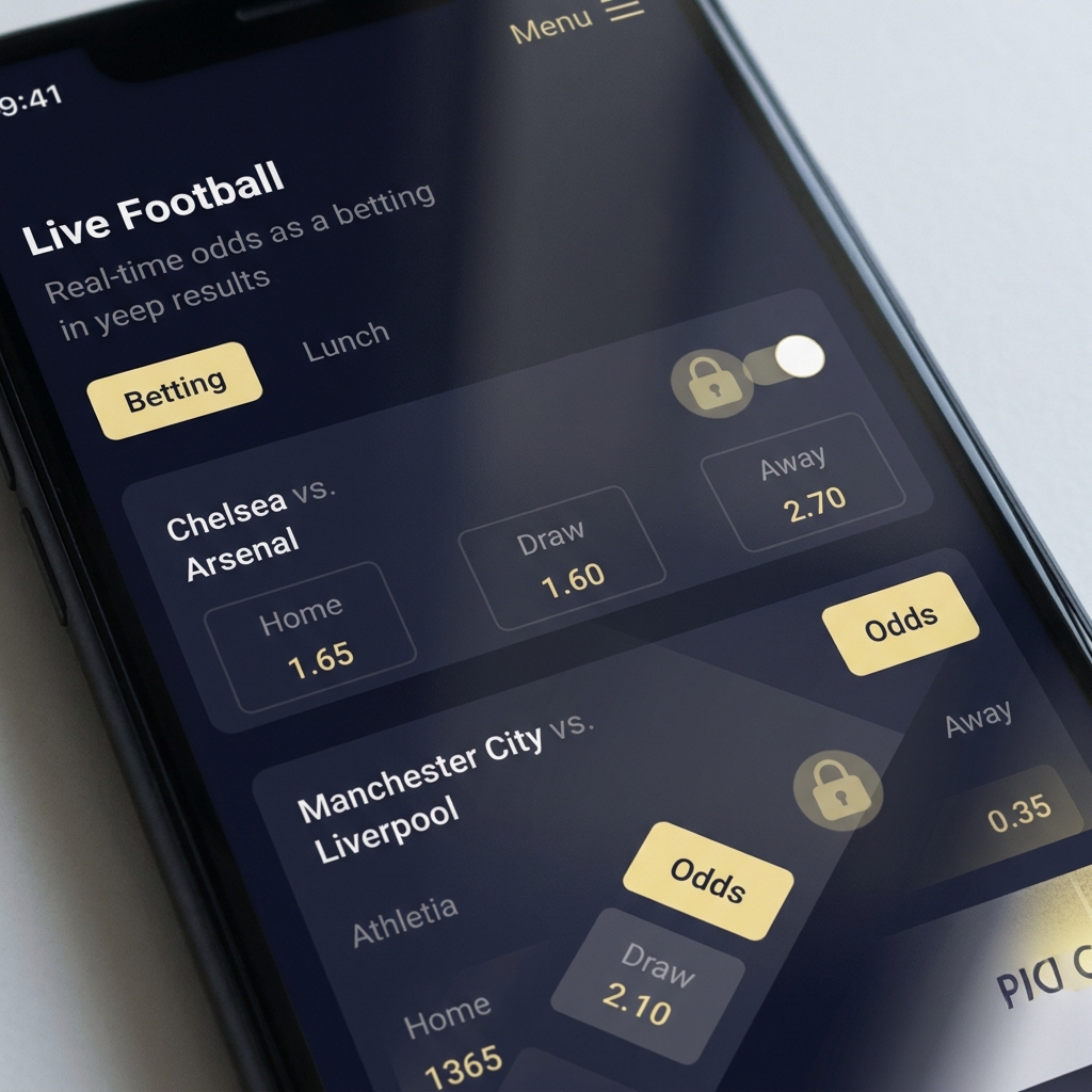 Close up smartphone screen showing bovada football odds with subtle padlock indicating restricted access on a dark navy Funded Plays style background