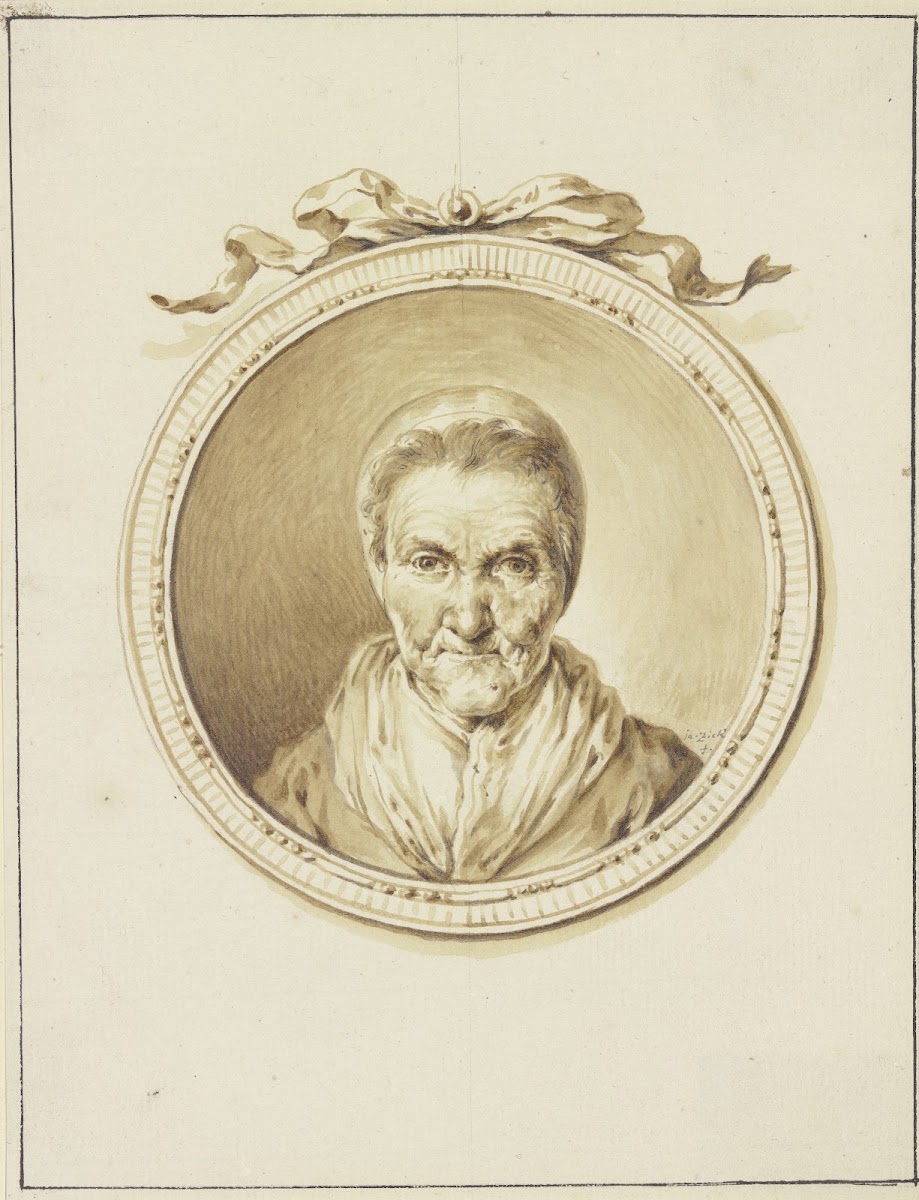 Bildnis einer alten Frau en face in einem Medaillon mit Schmuckband 1773