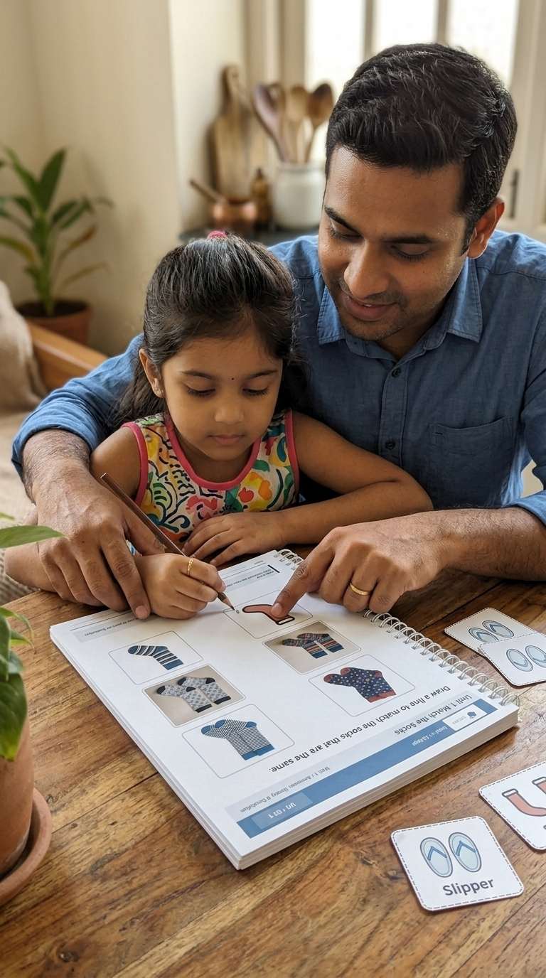 Parent guiding a child through an Able Marga picture-matching worksheet