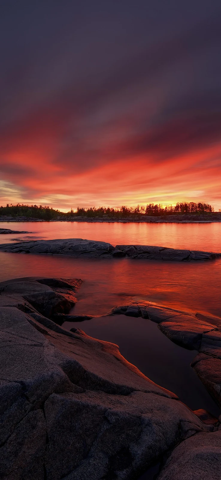 Fiery Sunset Over Rocky Water - Vivid Nature Photography 2K iPhone Wallpaper (1771x3837)