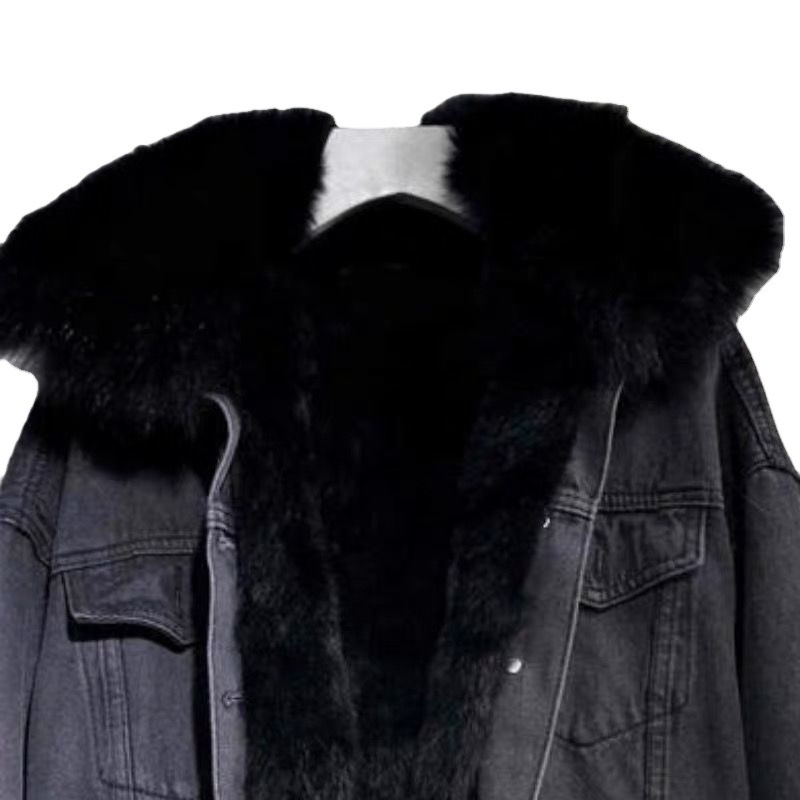 Gefütterte Jeansjacke für Damen, kurz, mit Webpelzkragen