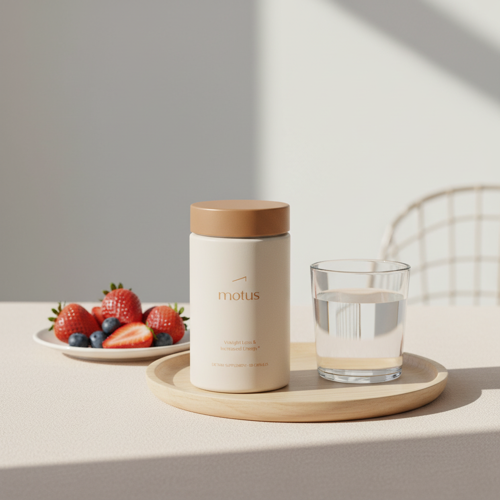 Minimalist still-life of Tonum Motus bottle on a wooden tray with a glass of water and a small plate of berries in morning light — why is Ozempic so popular