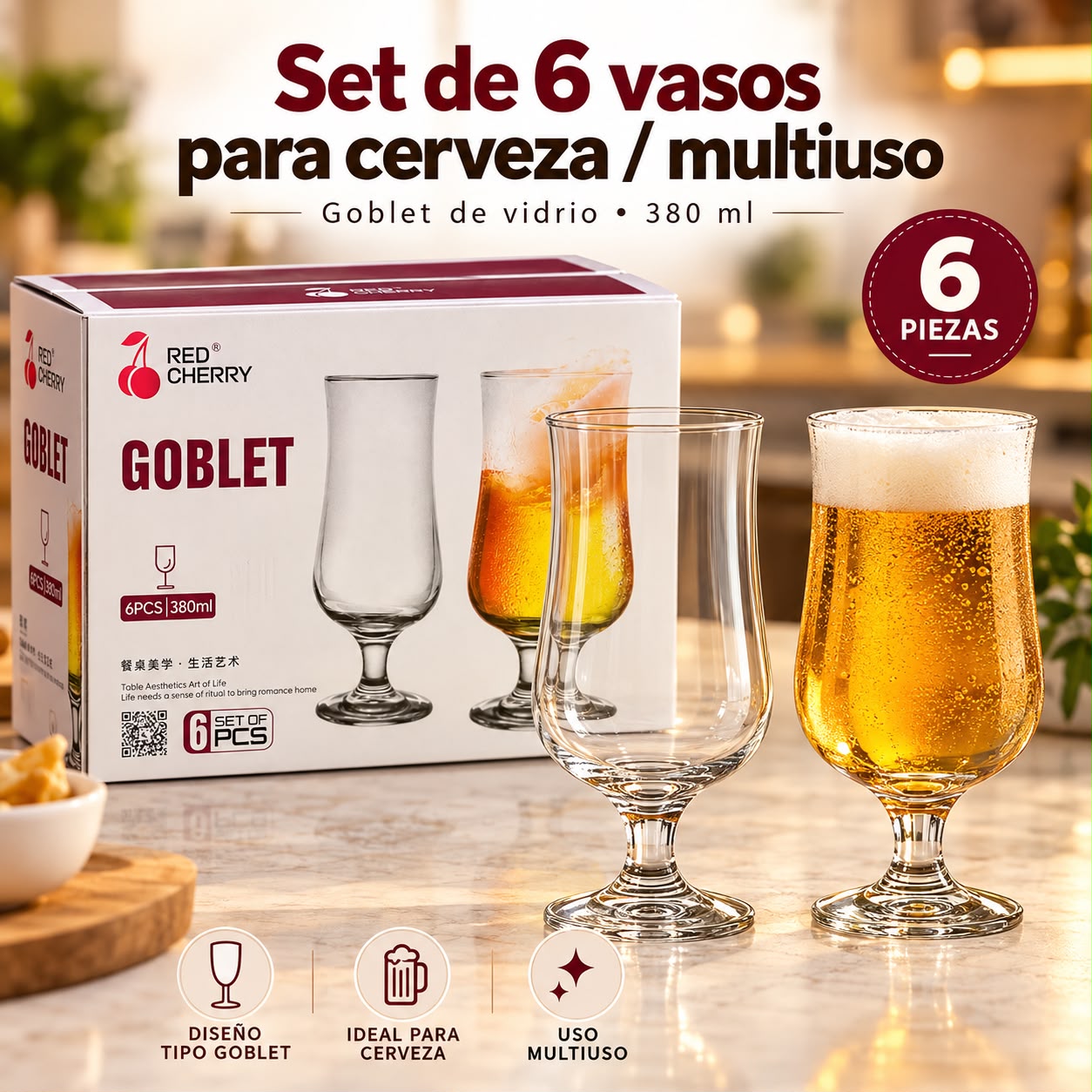 Set de 6 vasos para cerveza tipo goblet 380 ml