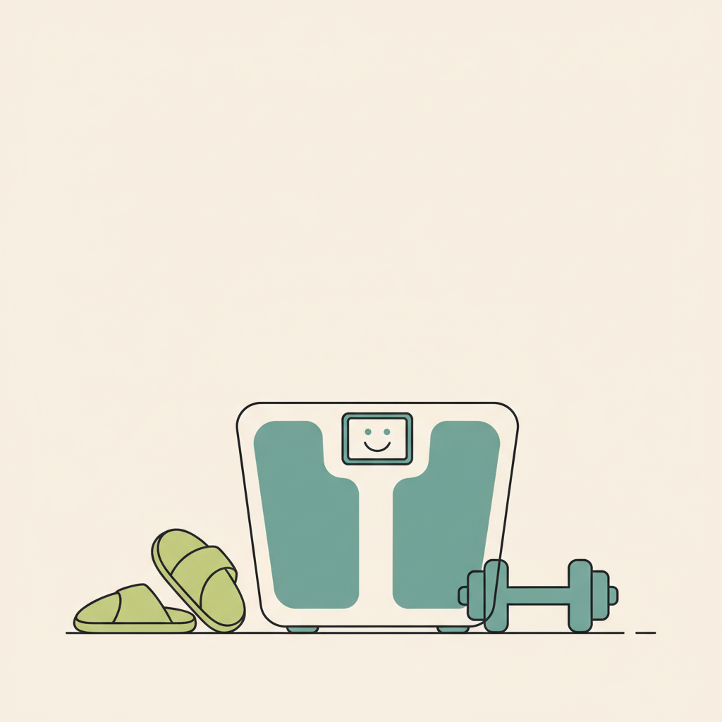 Minimalistische 2D-Vektor-Grafik einer Waage mit Smiley-Display und gemütlichen Hausschuhen, dezente Fitness-Hantel als Hinweis – Wie teuer ist im Durchschnitt ein Fitnessstudio?