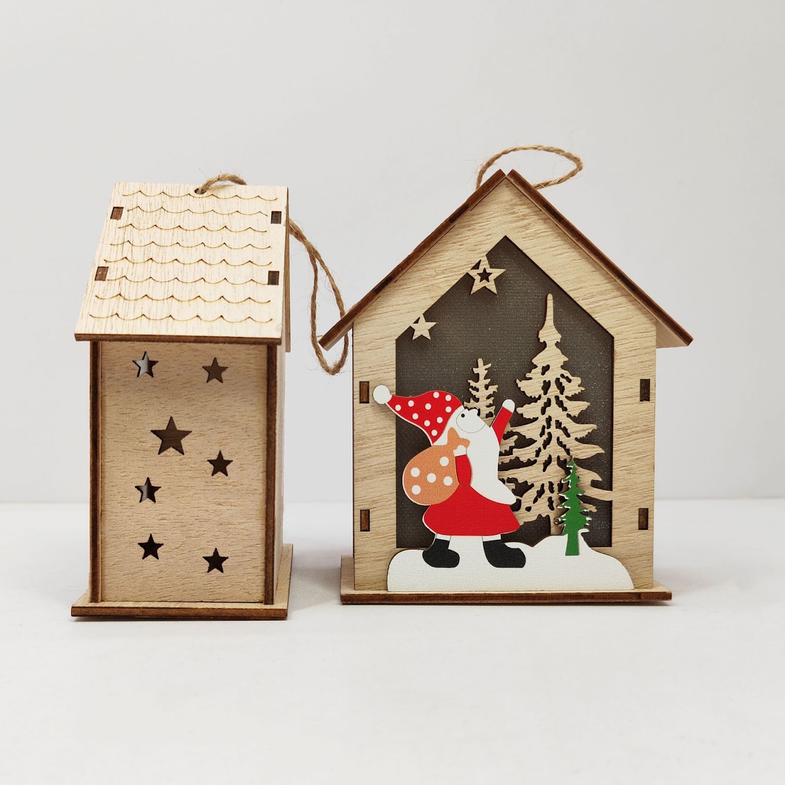 Lit Wooden Christmas House as Tree Decoration