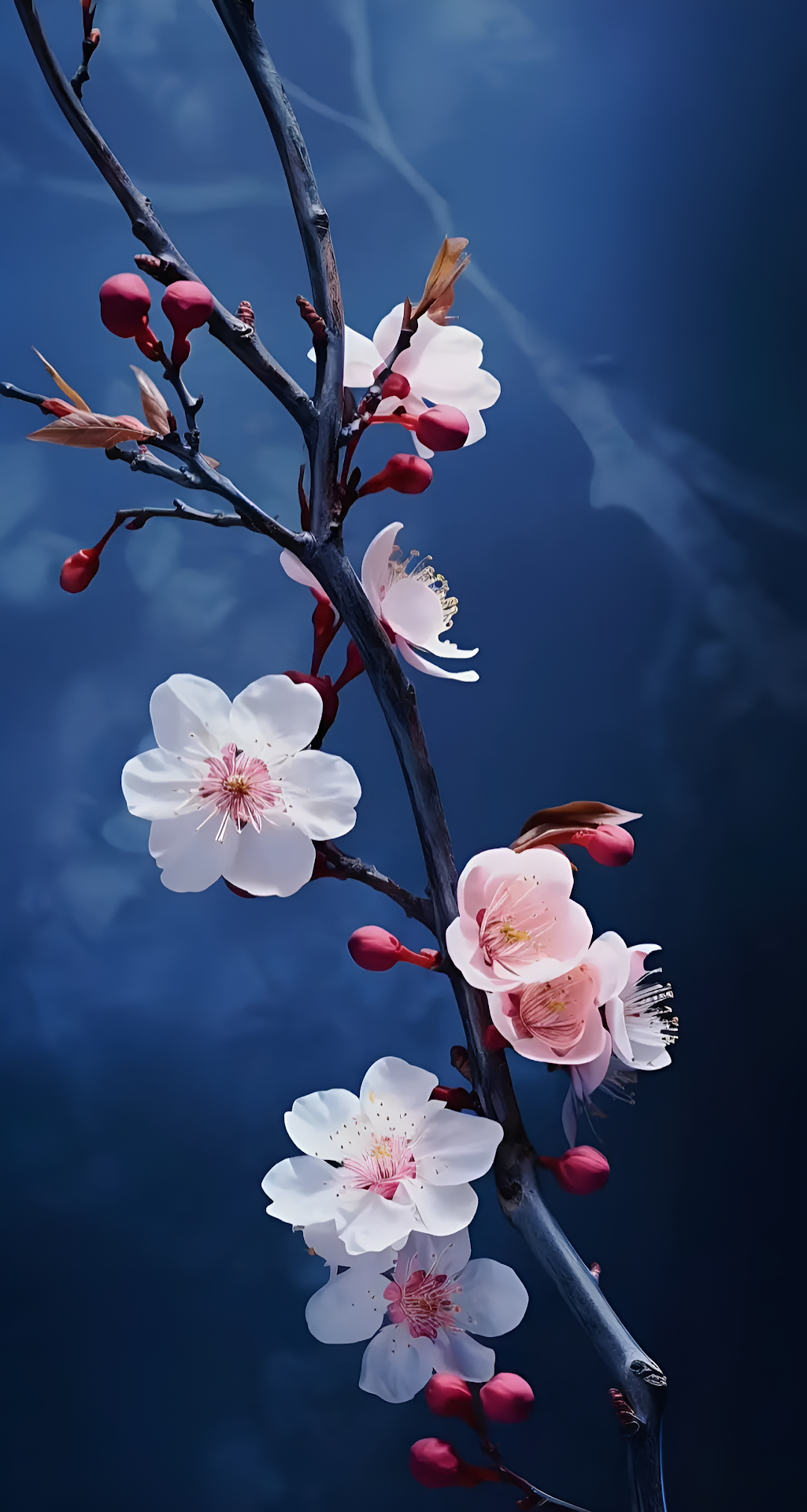 Elegant Cherry Blossoms on Indigo Branch - Moody Floral Art - Free 4K mobile Wallpaper