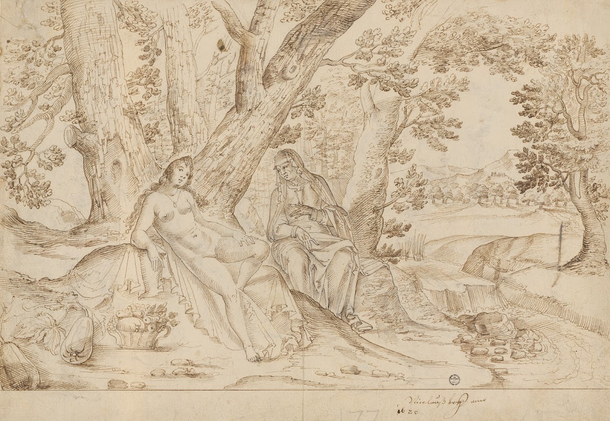 Nacktes Mädchen und alte Frau im Wald 1620