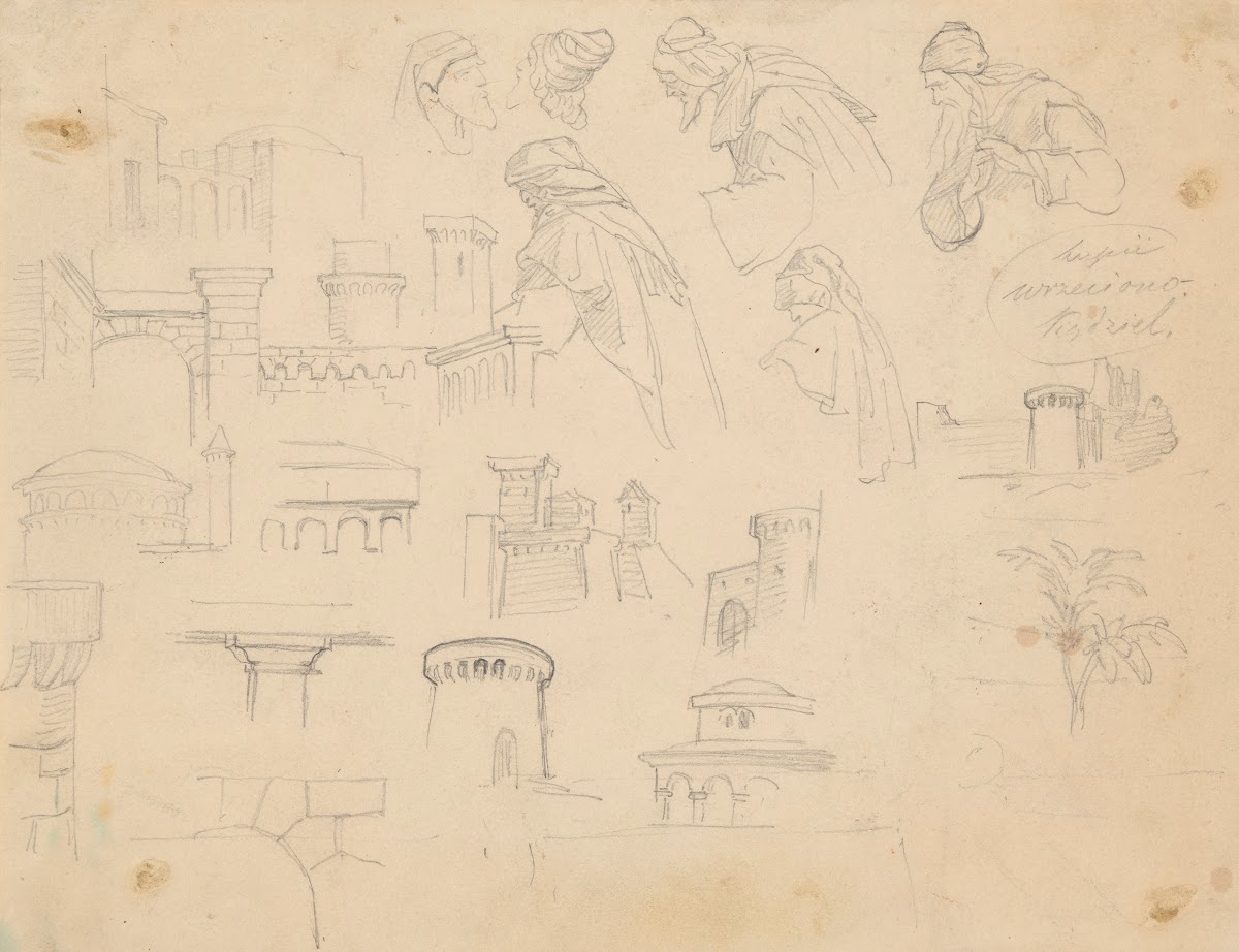 Sketches of medieval defensive structures and male figures with turbans 1861 186