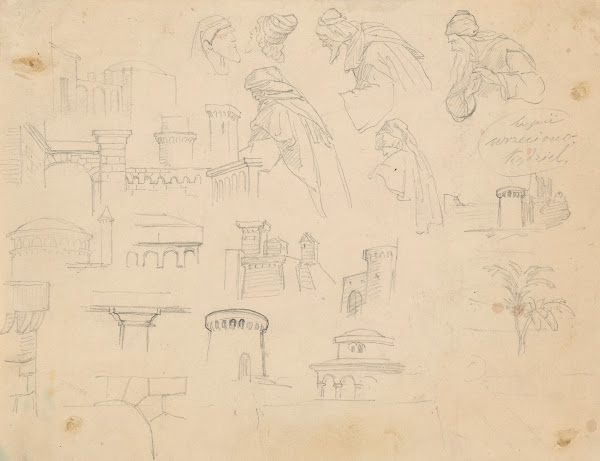 Sketches of medieval defensive structures and male figures with turbans 1861 186