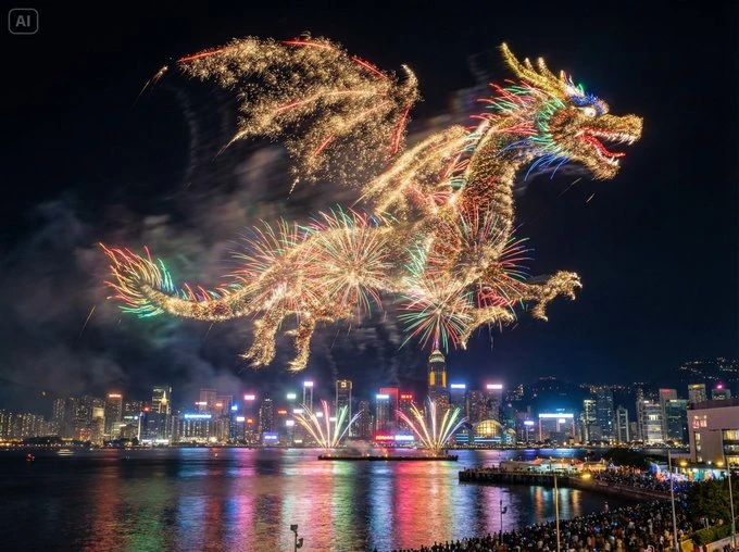 Los fuegos artificiales forman la figura de [SUJETO] en el cielo nocturno sobre una ciudad costera.