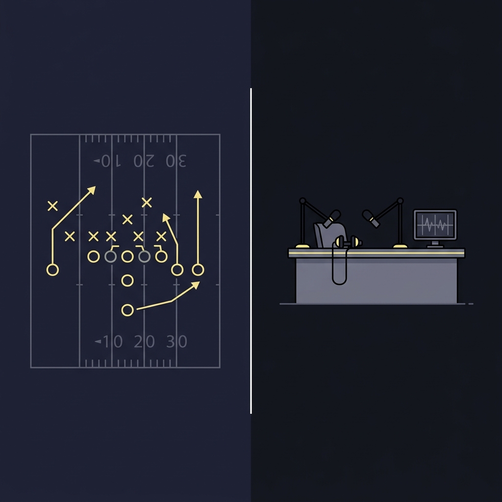 Minimalist split 2D vector showing schematic football play and empty broadcast desk conversation scene for cbs nfl predictions