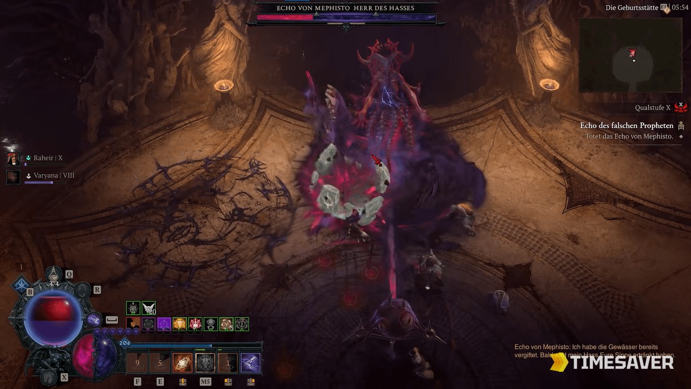 Diablo 4 Echo of Mephisto fight in progress — the boss healthbar at the top of the screen and the Echo of the False Prophet quest objective on the HUD