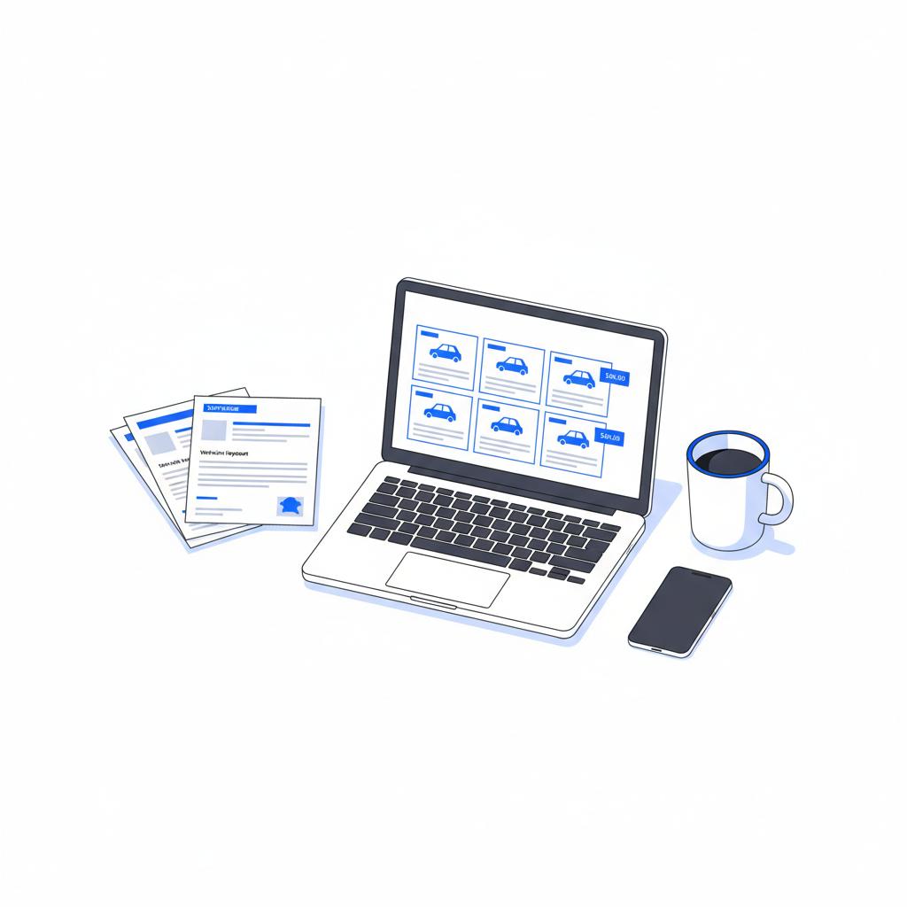 Minimalist 2D vector of a kitchen table with printed service invoices vehicle history report and laptop listings suggesting bmw 540i for sale