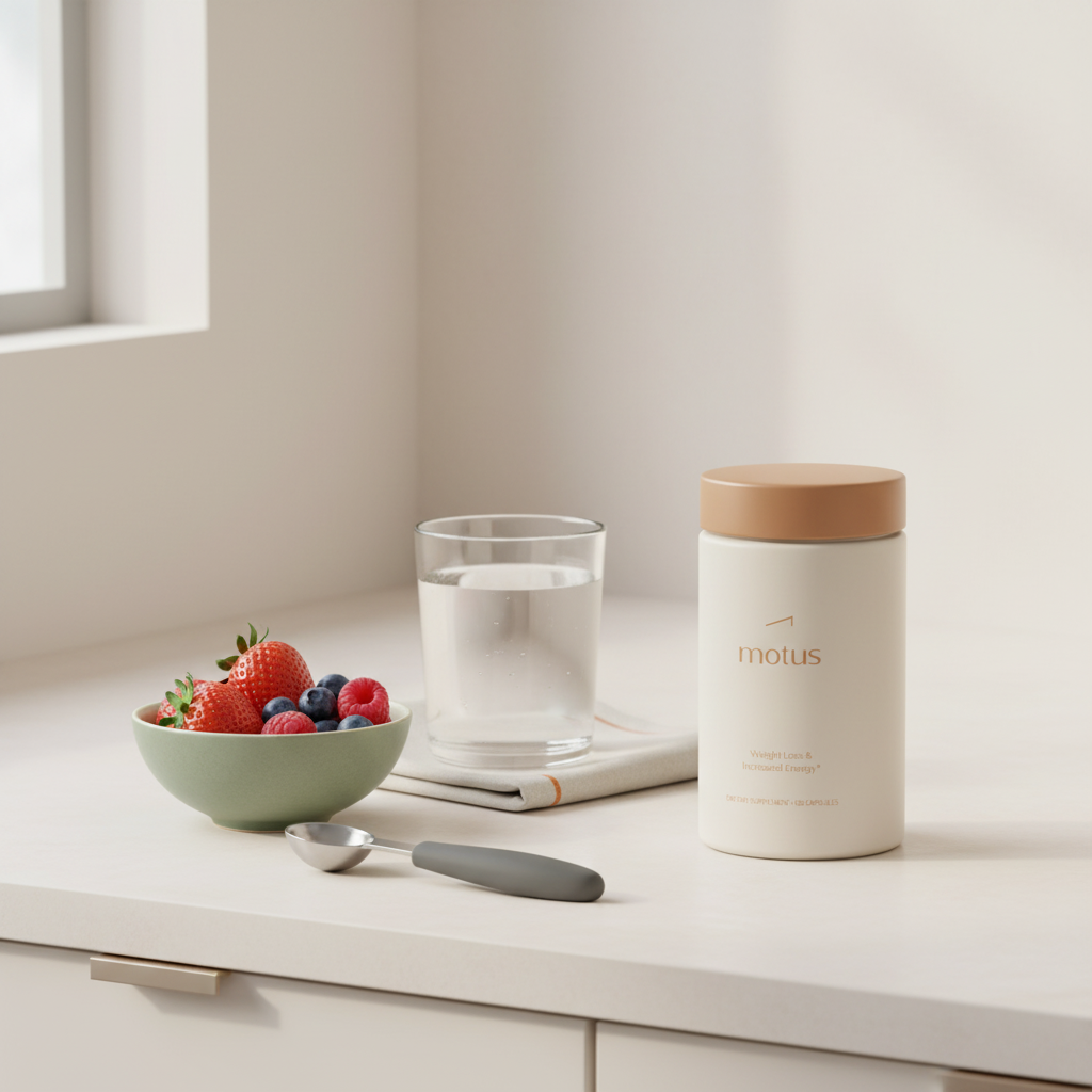 Motus supplement jar on a tidy kitchen counter beside a bowl of fresh berries, measuring spoon and glass of water in Tonum brand colors, representing menopause weight loss and daily wellness.