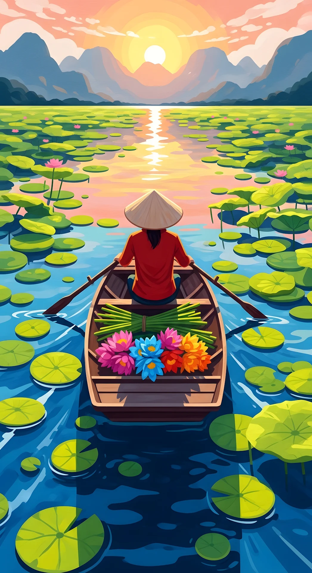 Traditional Boat on Lotus Lake at Sunset Illustration - Free 4K mobile Wallpaper