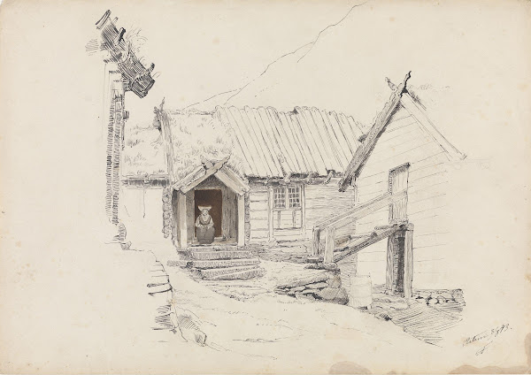Gårdstun med sittende kone i døråpningen 1843