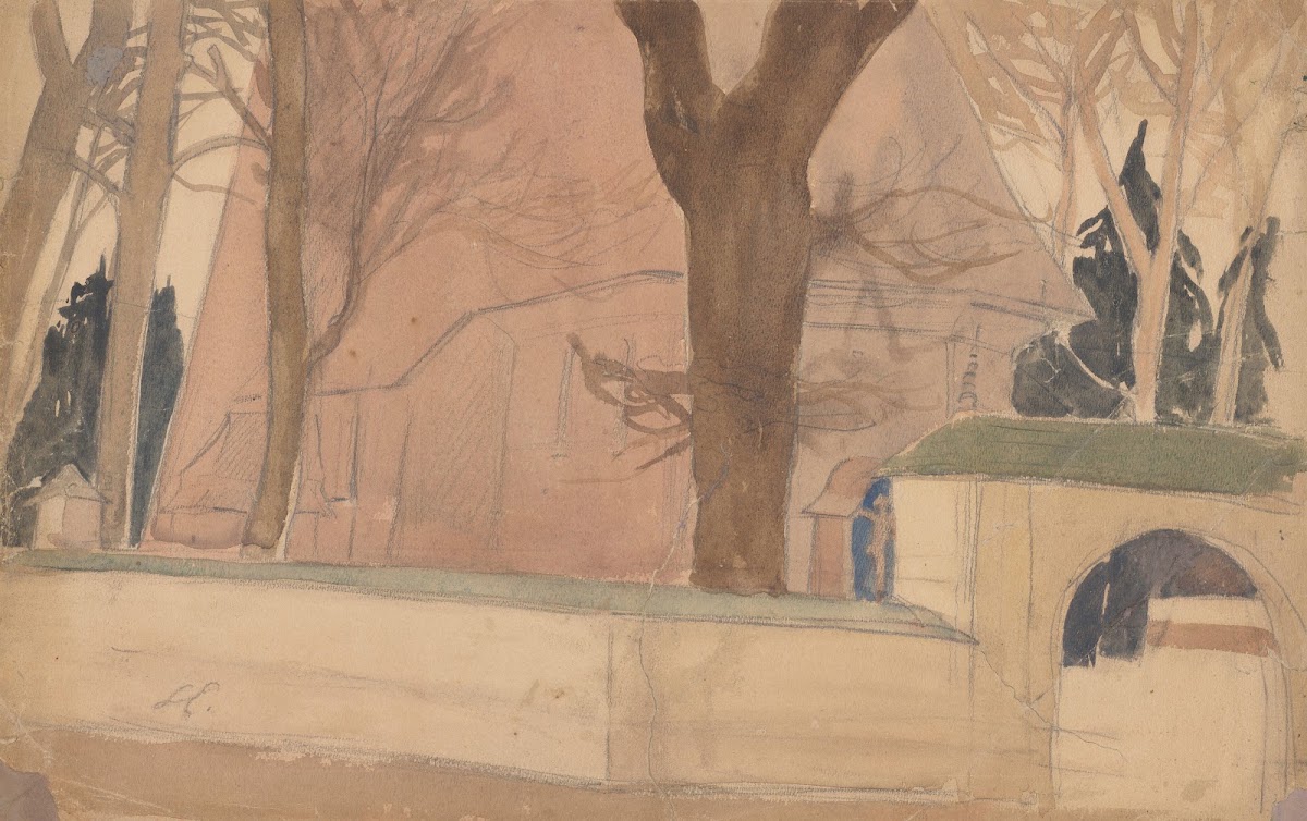 Rysunki  Pejzaż z bramą i drewnianym kościołem before 1954