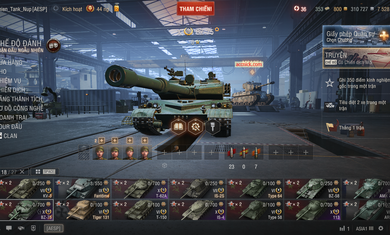 Acc World of Tanks PC gồm 6 tank X BZ-75, 113, IS-4, T-62A,...
