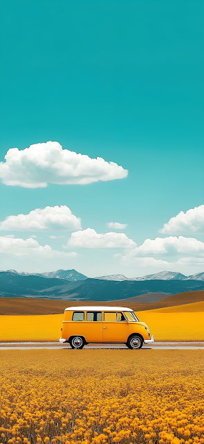 Yellow VW Bus Driving Through Wildflower Field Landscape - Free mobile Wallpaper