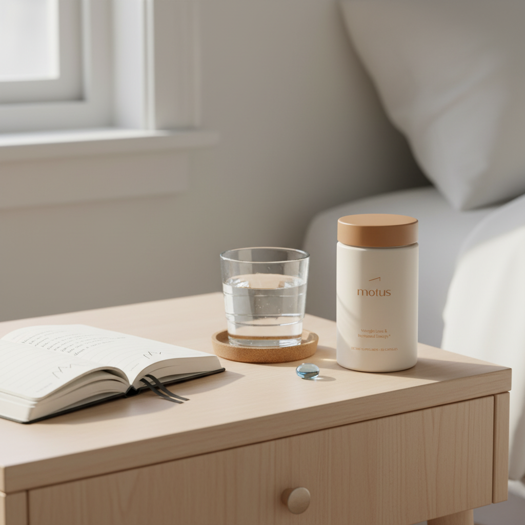 Minimal bedside scene with Tonum Motus bottle beside open journal and glass of water, evoking calm morning routine for mindful weight management; is there an oral pill like Ozempic