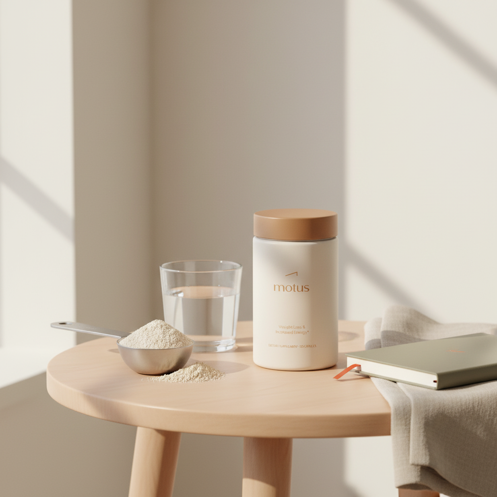 Minimalist product photo of a Tonum supplement jar with a measured scoop of psyllium husk and a glass of water, highlighting a gentle psyllium husk pregnancy routine.