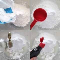 Sau đó, cho đường bột, 1/4 chén siro bắp, 1/4 chén nước, 1 muỗng cà phê vani vào chén.