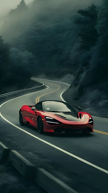 Red Sports Car Winding Mountain Road Misty Forest - Free mobile Wallpaper