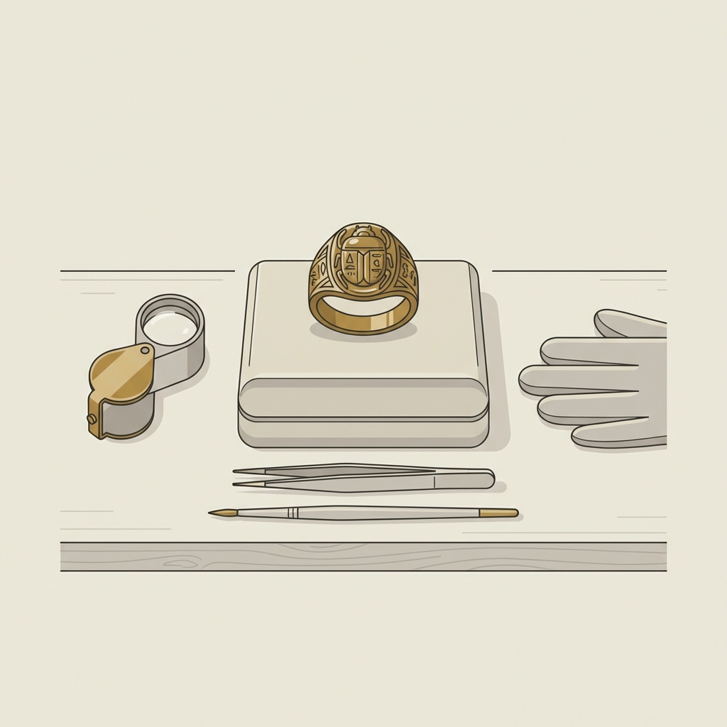Conservator bench flat vector scene with jeweler loupe gloves and an ancient egyptian scarab beetle ring on a padded block in muted Aurora Antiqua palette