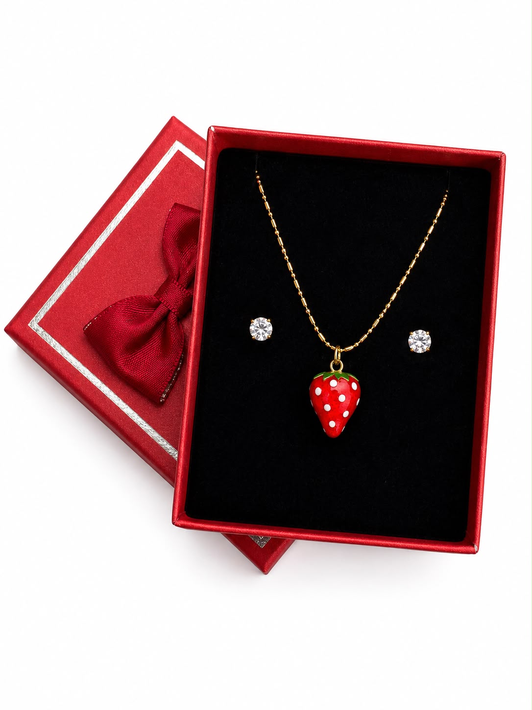Set De Collar Fresa Esmaltada Y Aretes Punto De Luz