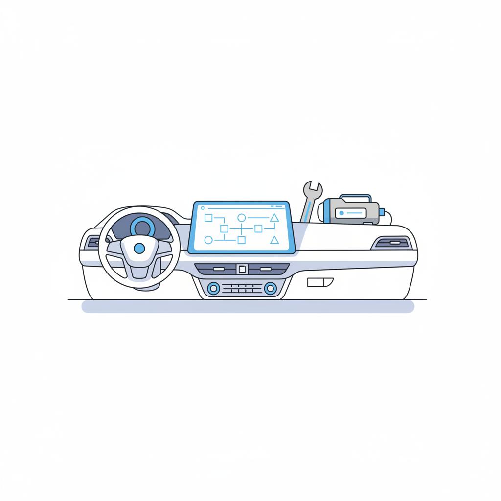 Minimalist 2D vector car interior showing infotainment screen highlighted with blue accents and a wrench indicating inspection in a lexus rx 350 for sale context
