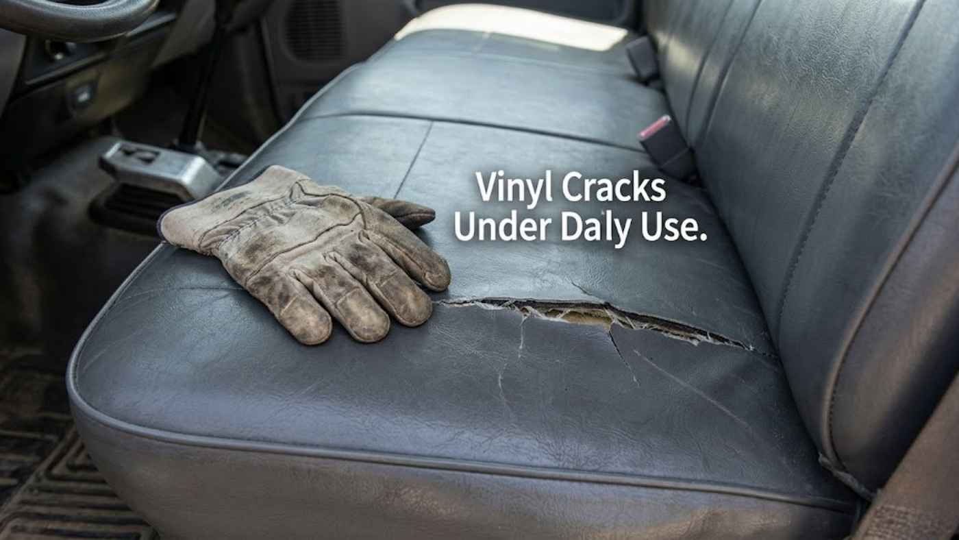 Vinyl seat cover cracking along the bolster of a GMC Sierra 1500 Pro work truck seat