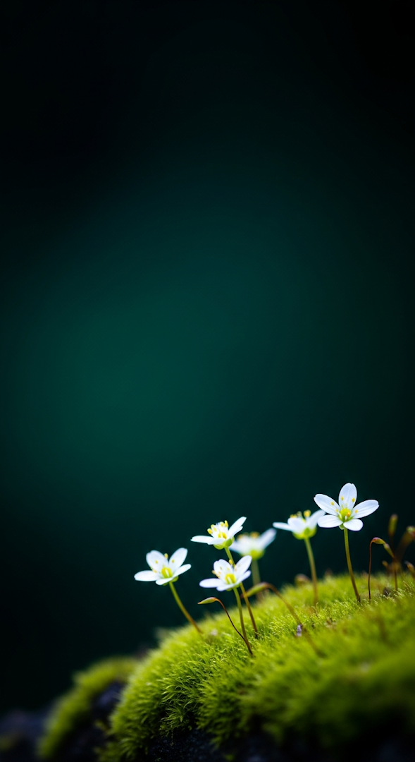 Macro Photo of Tiny White Flowers on Lush Green Moss Dark Background