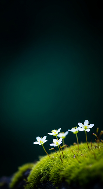 Macro Photo of Tiny White Flowers on Lush Green Moss Dark Background