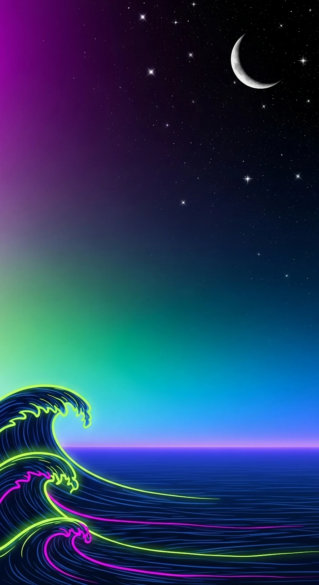 Neon Synthwave Ocean Wave Under Starry Gradient Sky - Free 4K mobile Wallpaper