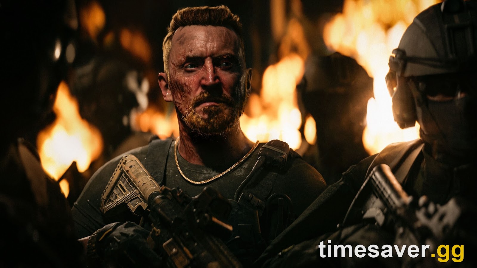 Battlefield 6 campaign screenshot of two armed Pax Armata operators silhouetted against a wall of fire